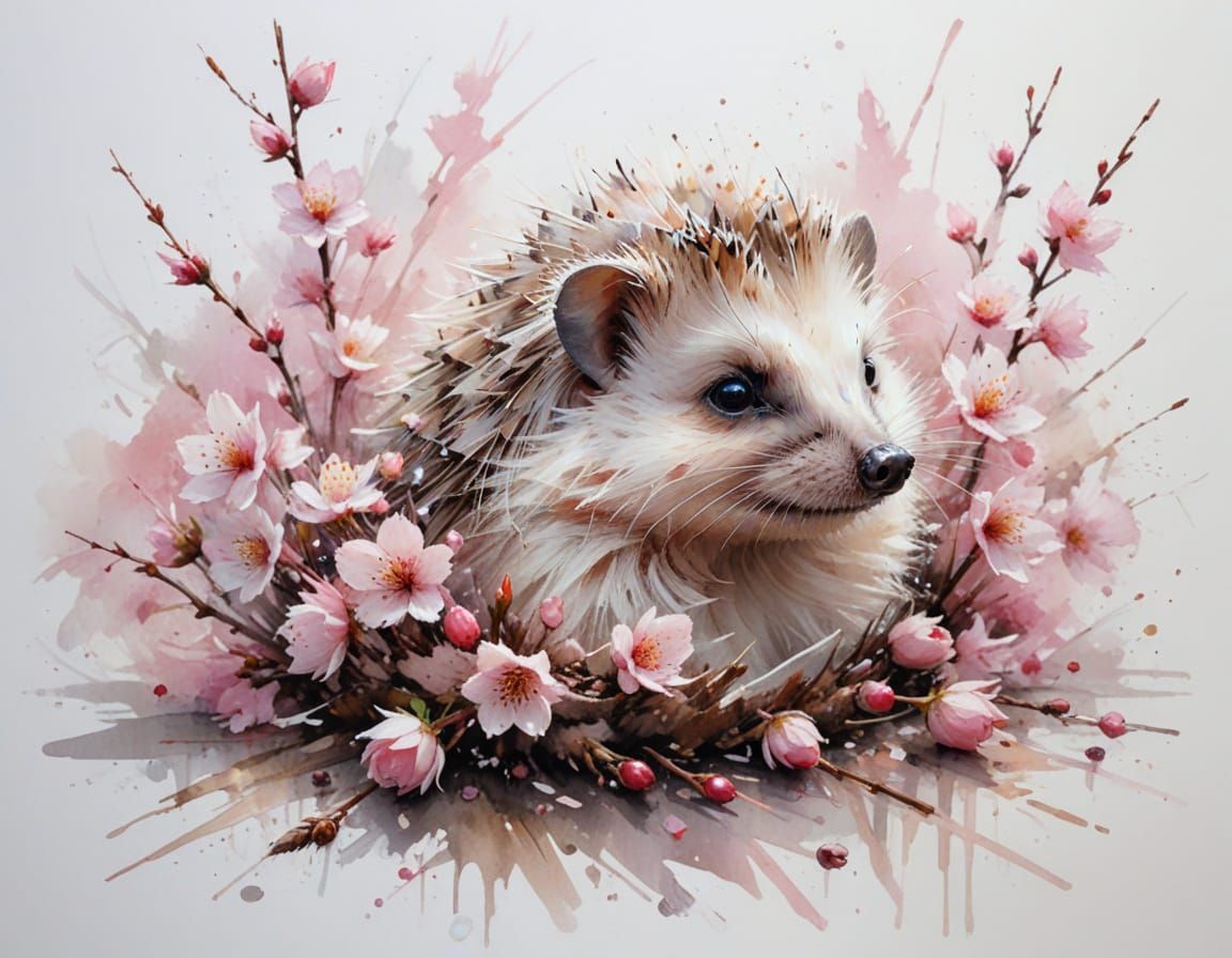 Hedgehog Resting in Cherry Blossoms with Gentle Spring Light