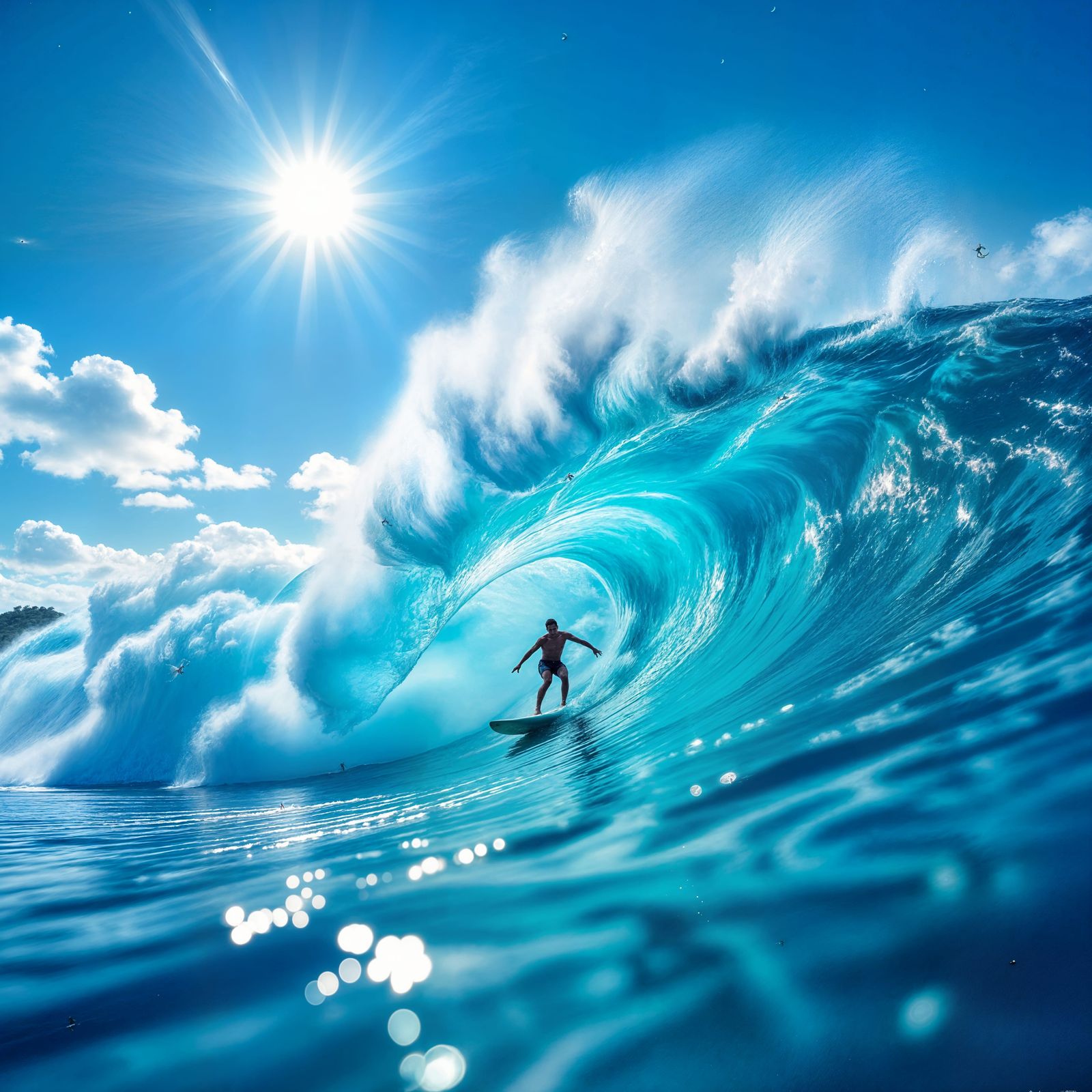 Surfer on Colossal Turquoise Wave Under Partial Solar Eclips...