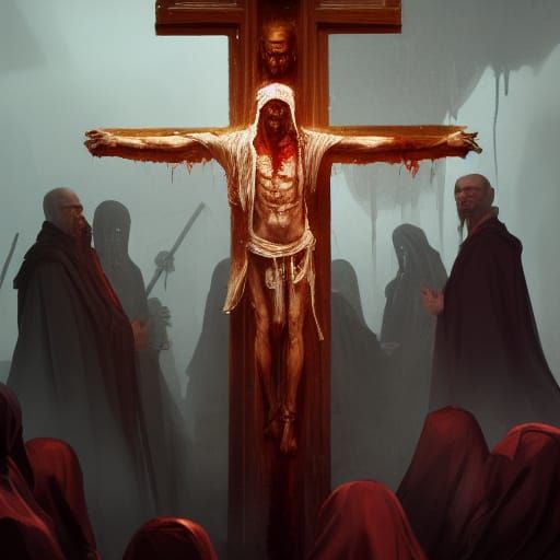 Horror Scene: Man on Cross, Priests, Hyperdetailed Art