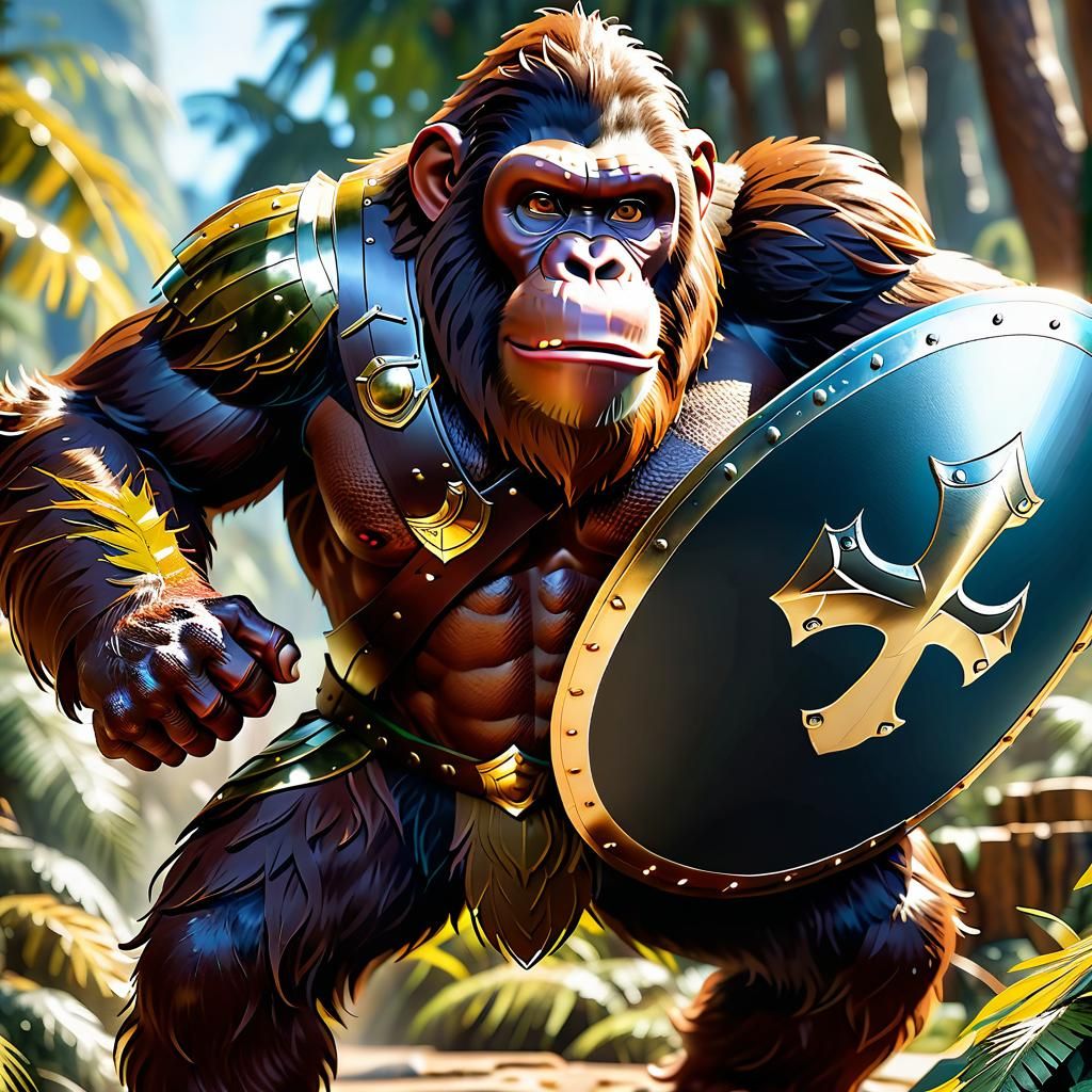 Ape Defending with Shield: Hyperrealistic Fantasy Art