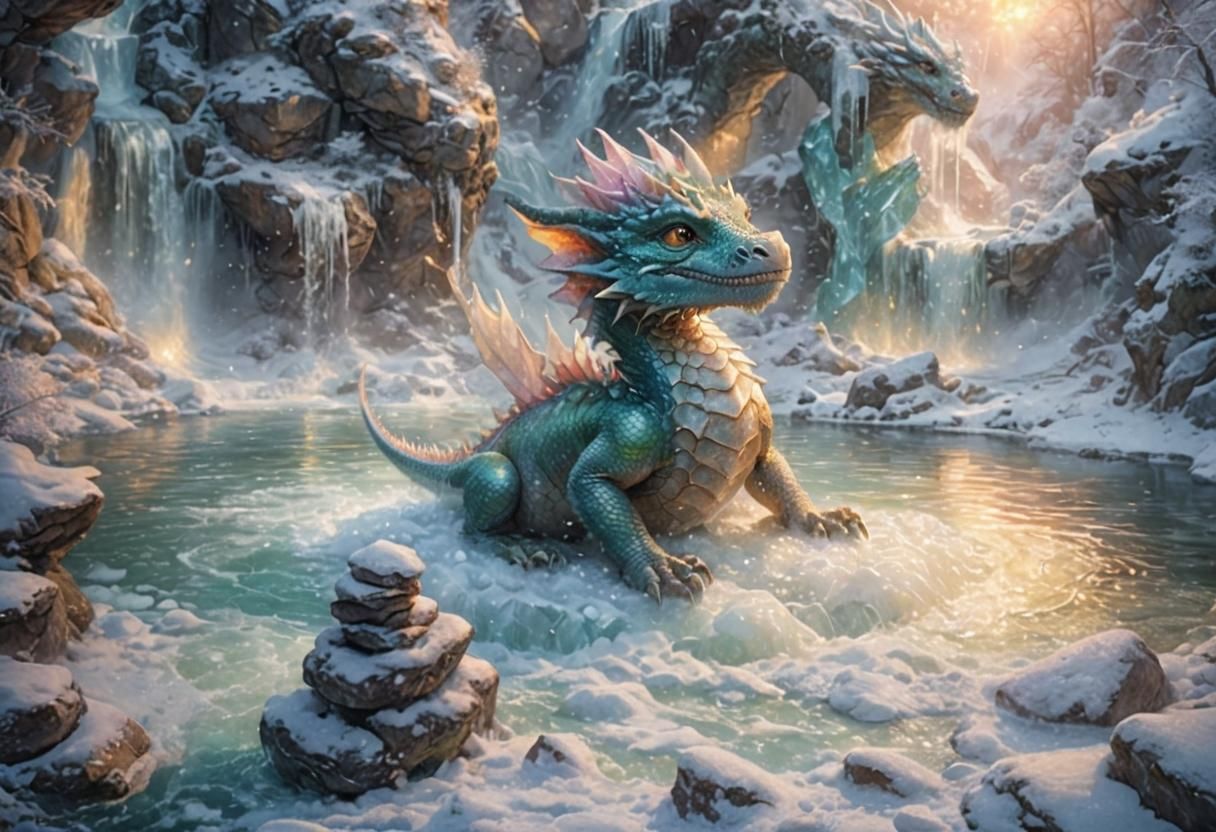 Baby Dragon Bathes in Crystal Waterfall