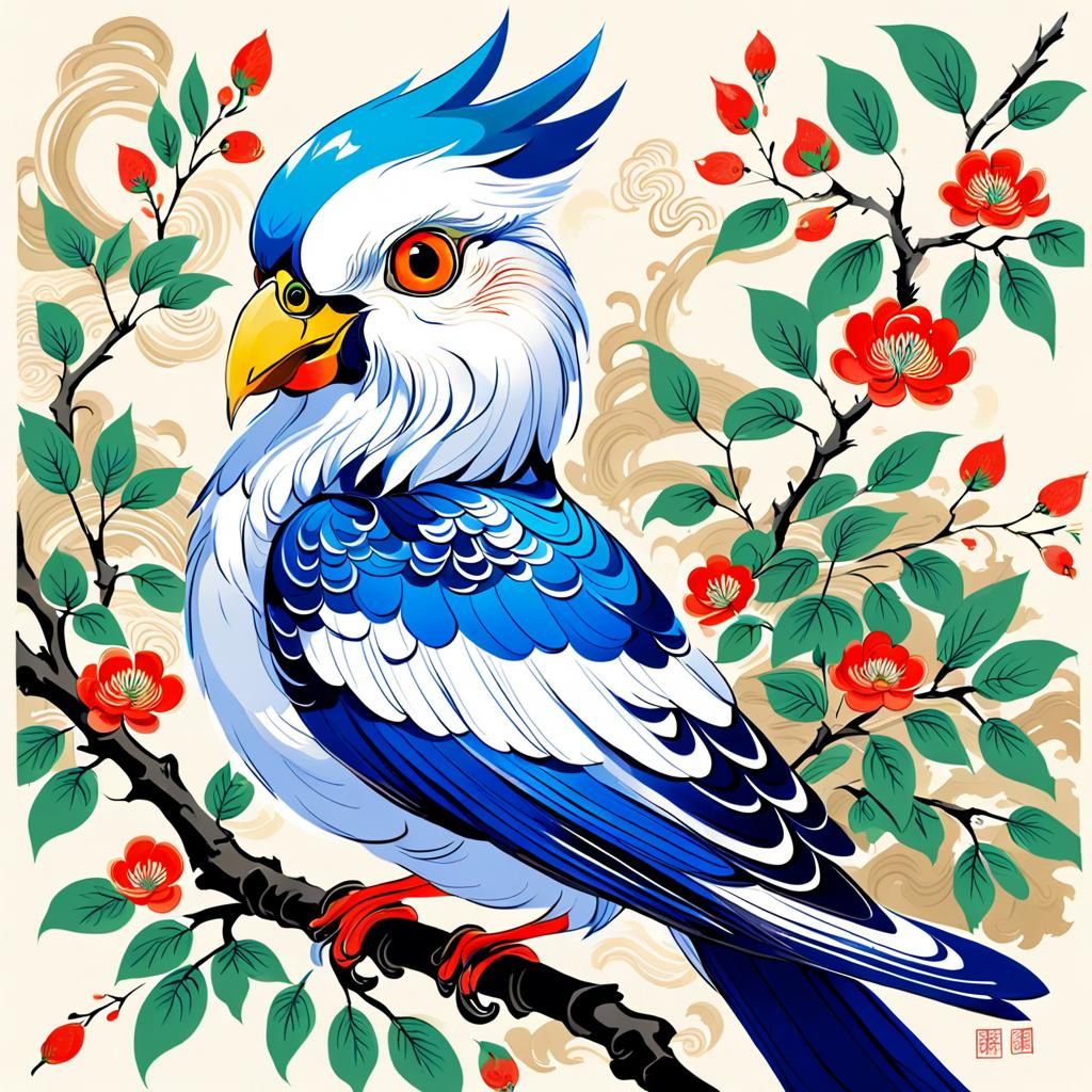 Elegant Bird on Branch as Ink Wash Painting