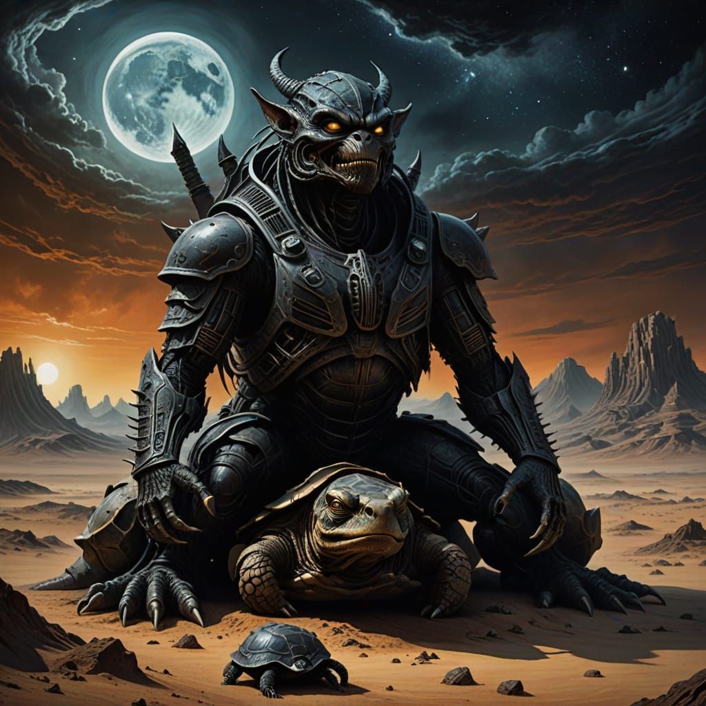 Ninja Gremlin on a Tortoise in Alien Desert