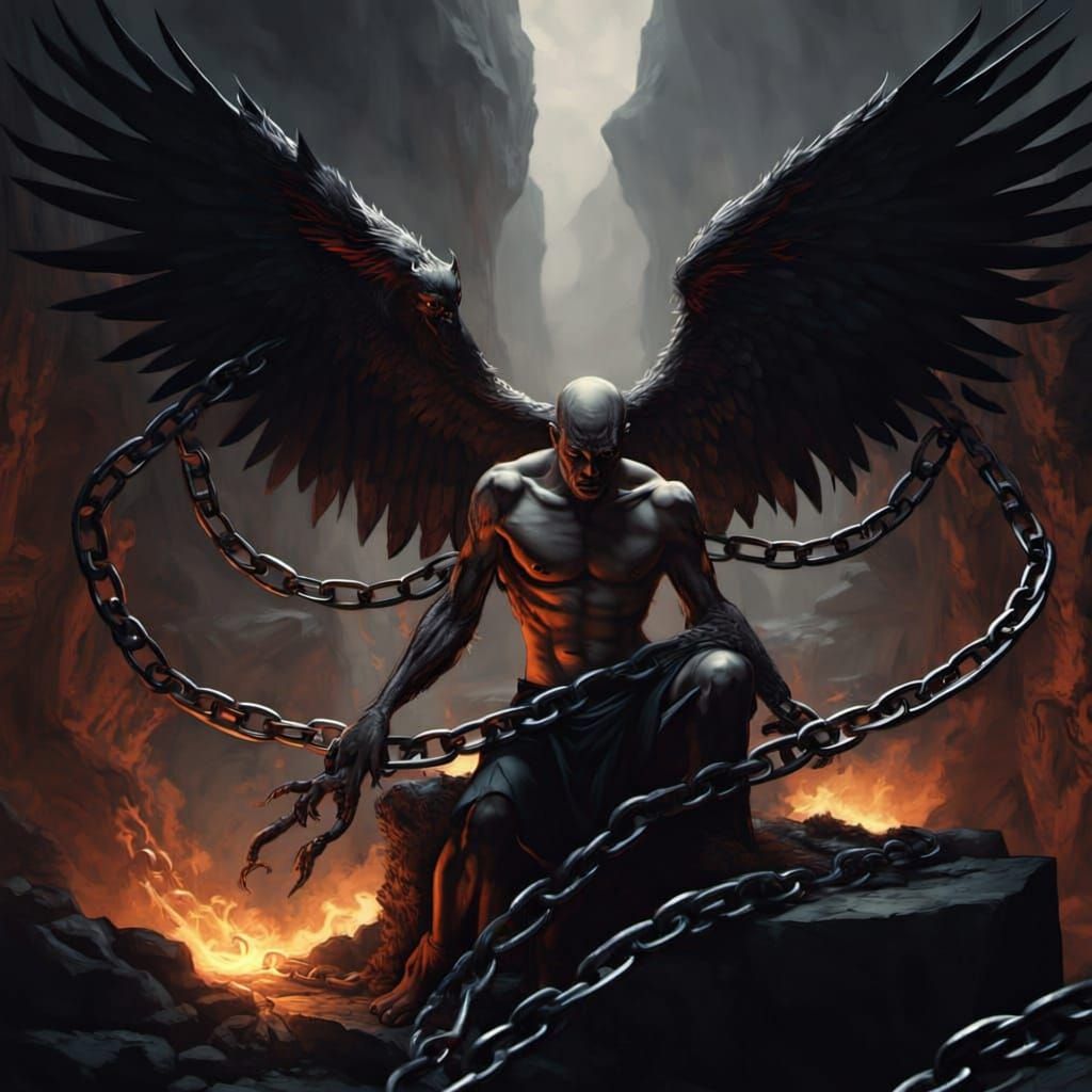 Fallen Angel Chained in Shadowy Landscape