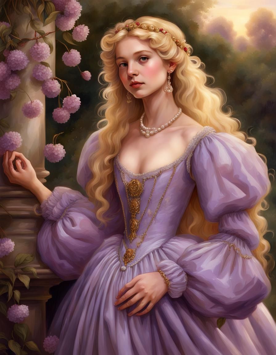 Renaissance Girl in Purple Gown, Cherry Garden