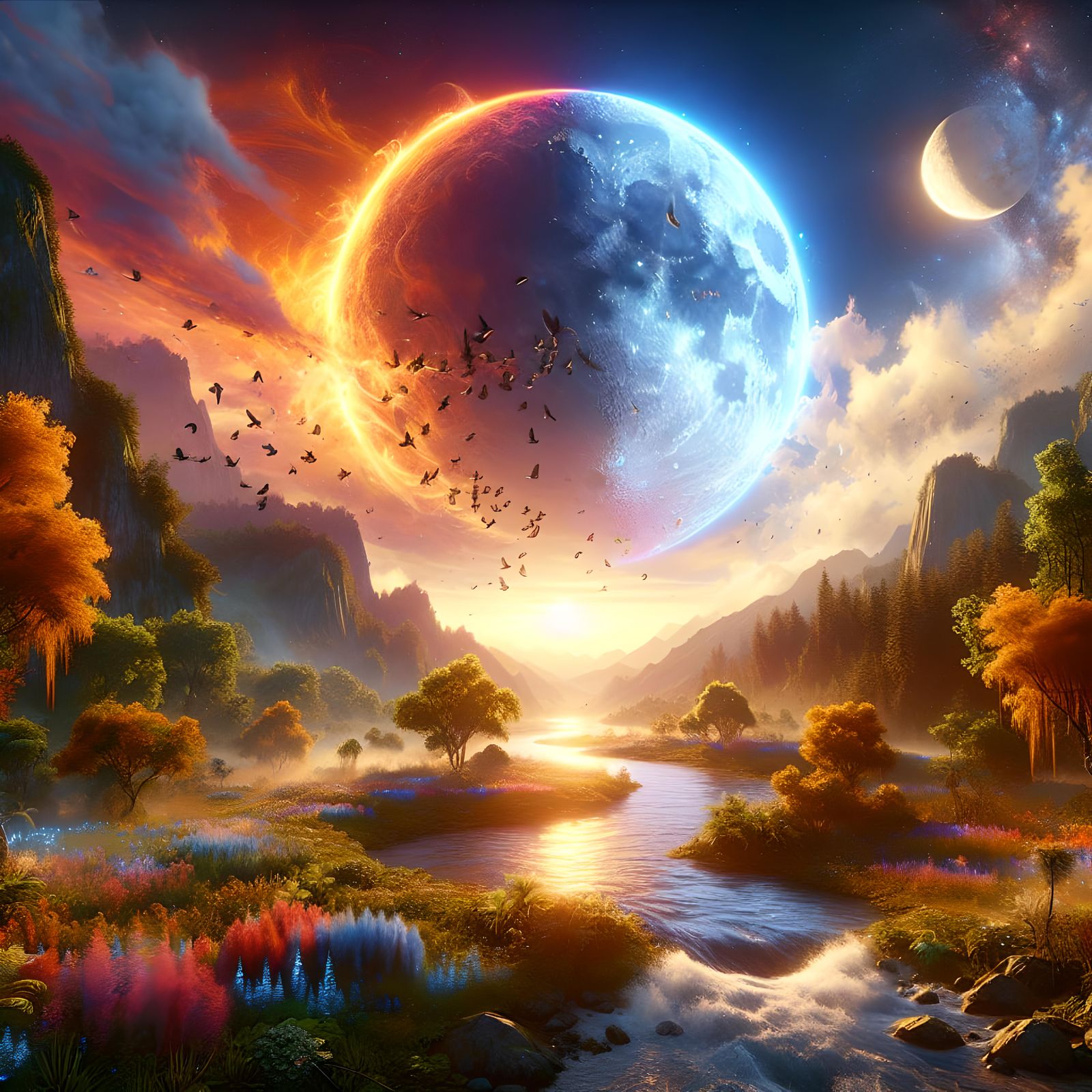 Fantastical Matte Painting of Sun, Moon, River and Birds
