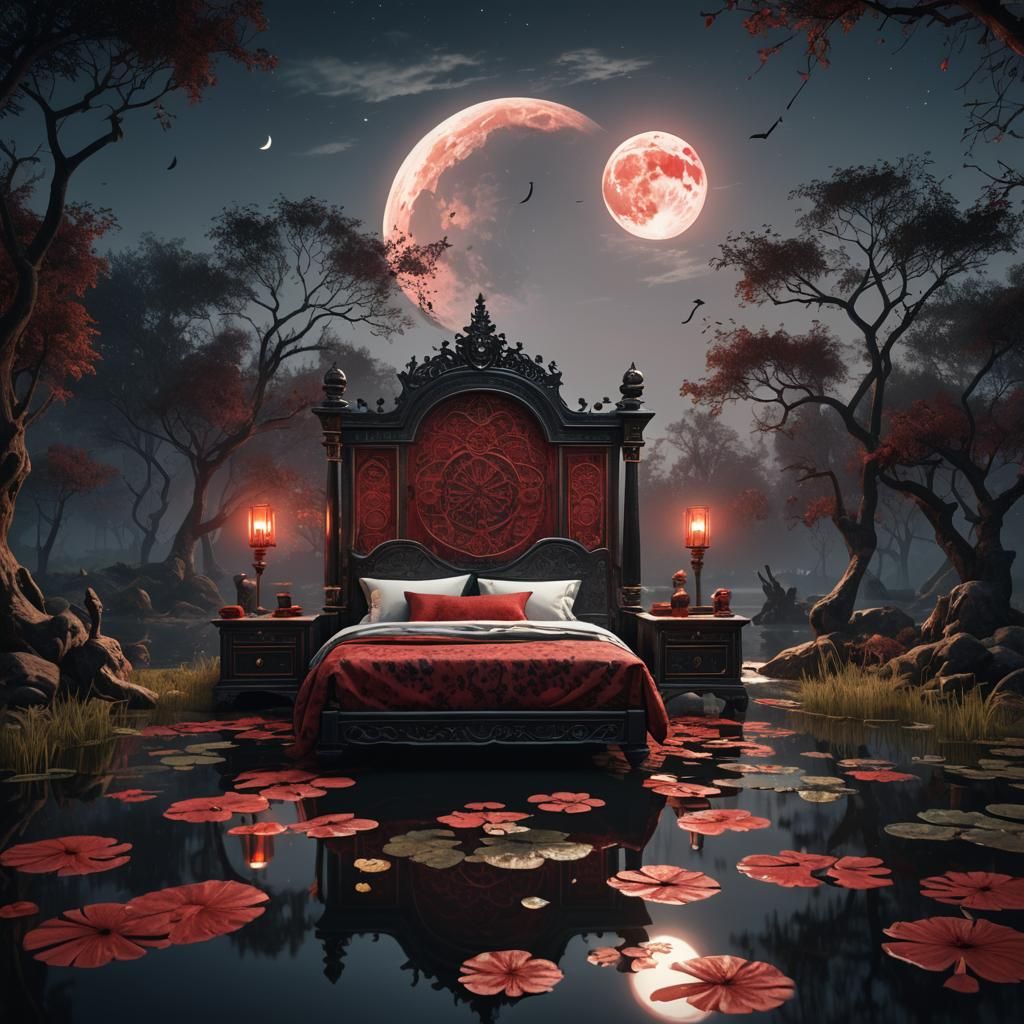 Moonlit Bed Floating on Pond: Fantasy Concept Art