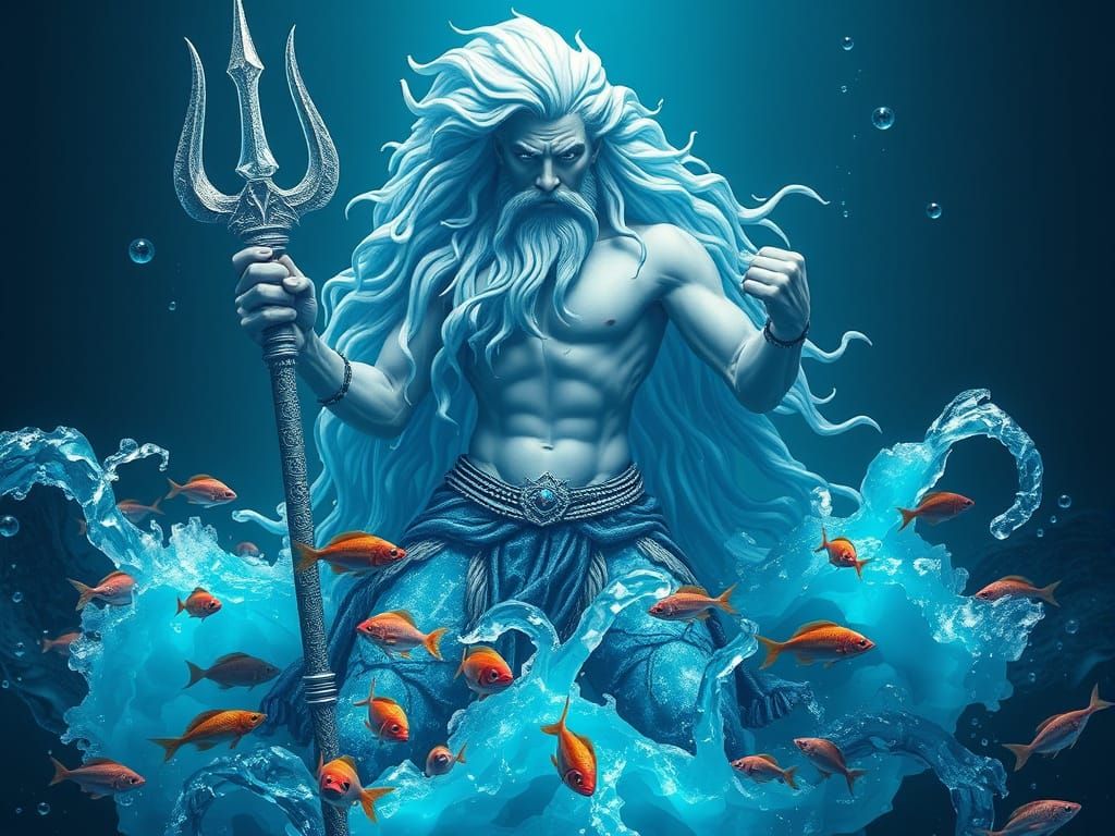God of the Ocean in Vibrant Underwater Scene