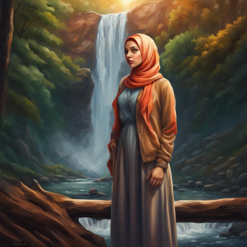Girl in Hijab at Waterfall: Hyperrealistic Splash Art