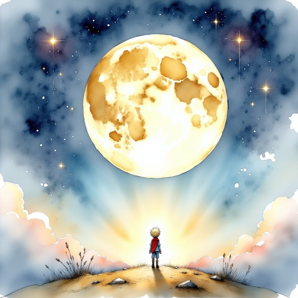 Whimsical Watercolor Scene Inspired by The Little Prince