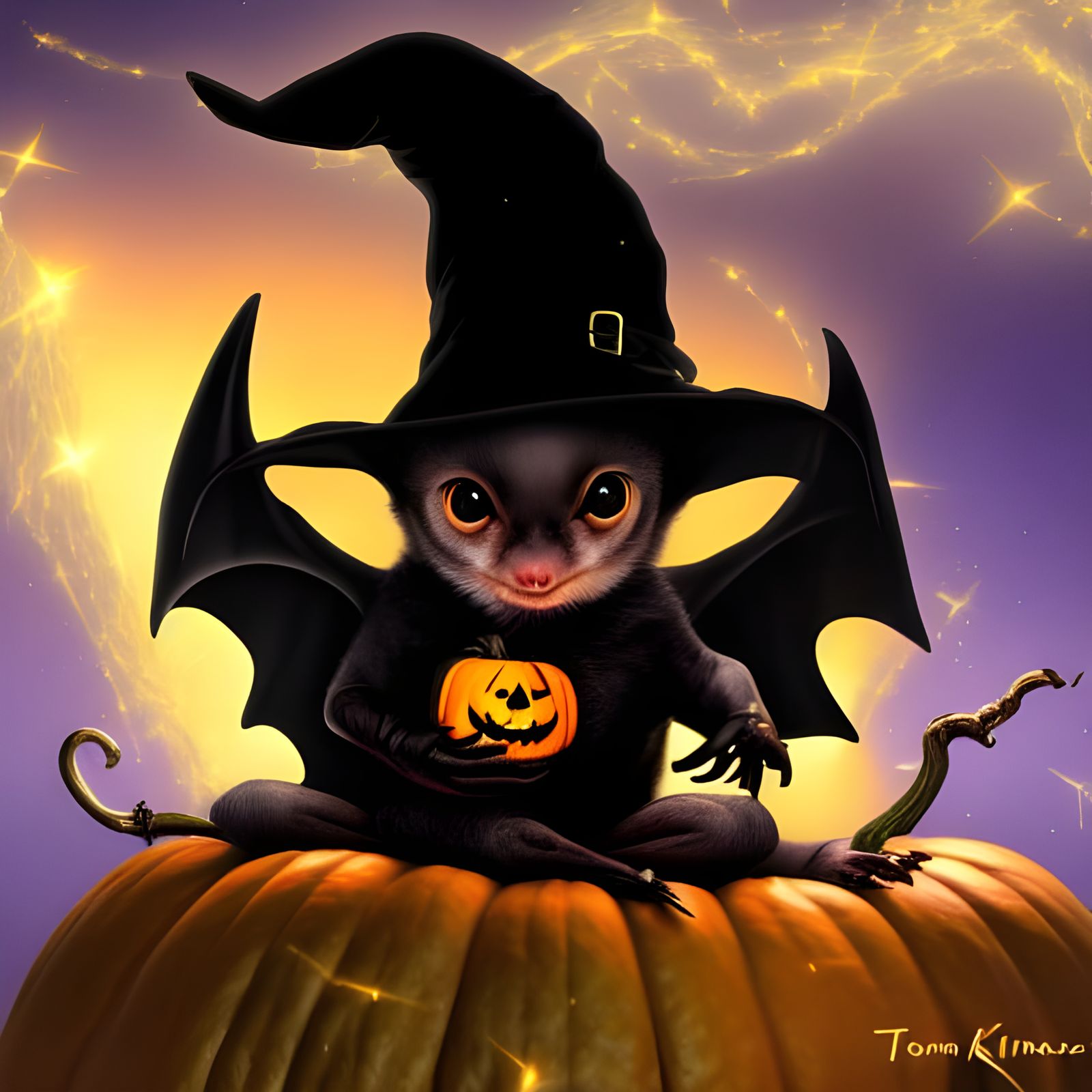 Adorable Baby Bat Halloween Art Nouveau Painting