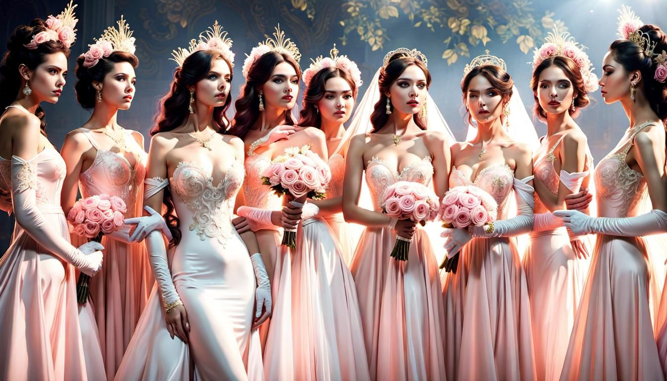 Elegant Bride Surrounded by Bridesmaids in Soft Pink Gowns