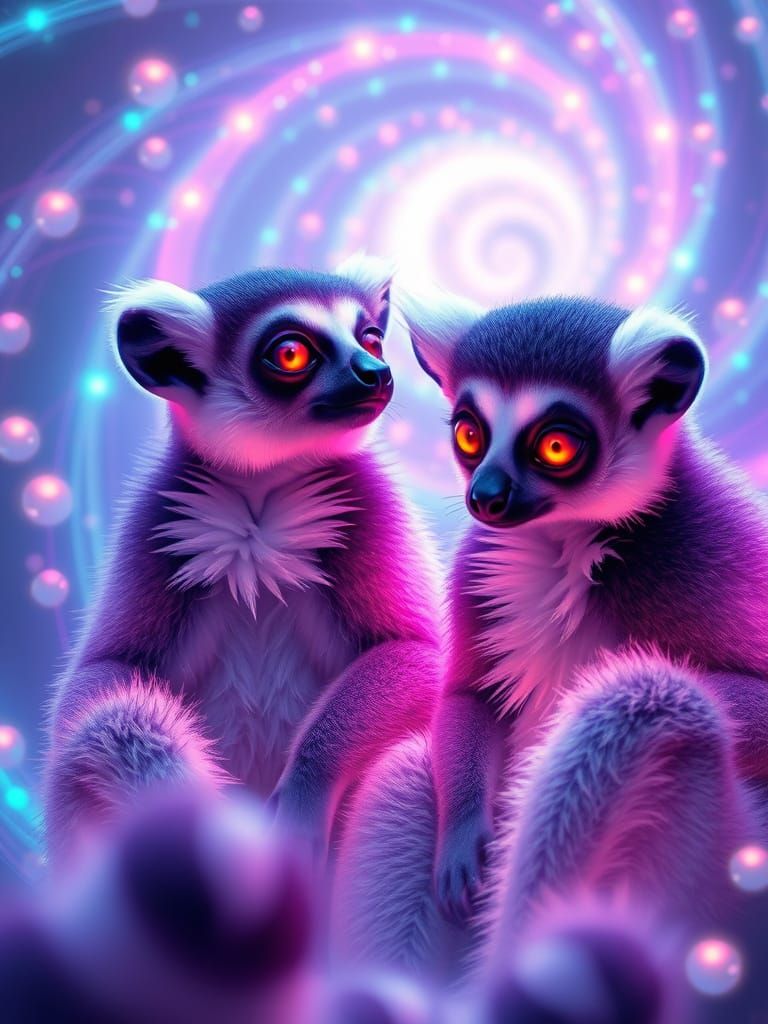Lemurs in Fibonacci Swirl with Bioluminescent Feathers