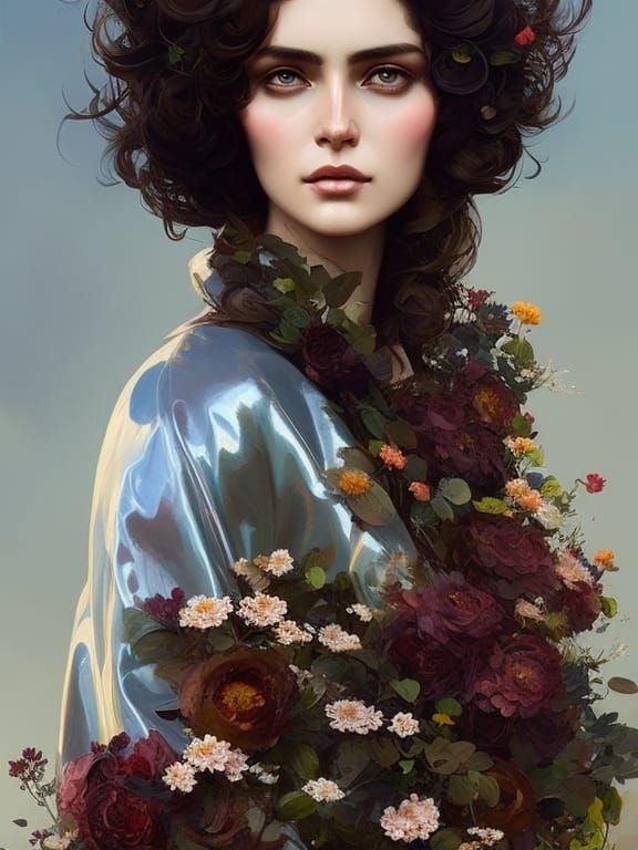 Beautiful Woman with Flowers: Photorealistic Full Portrait