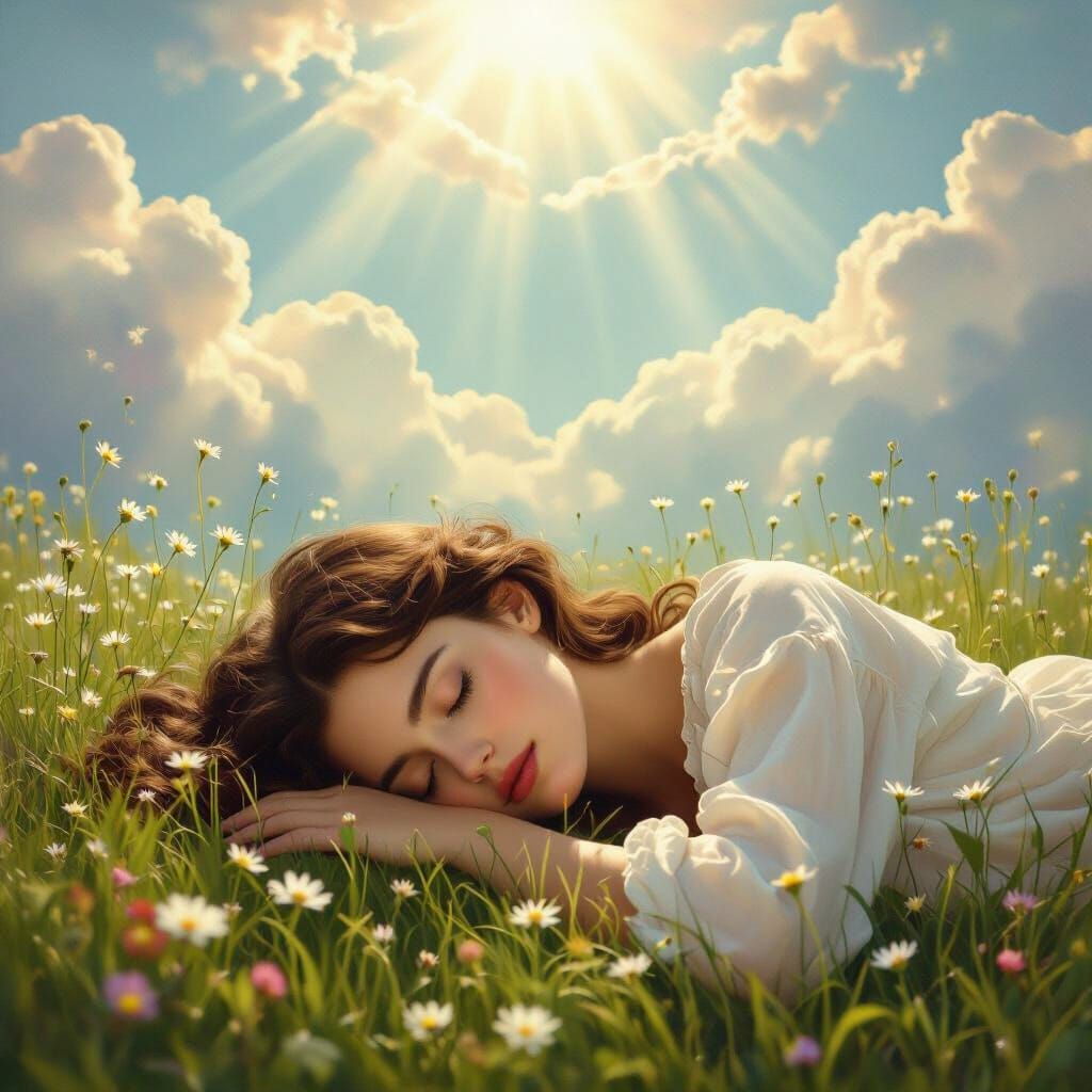 Ethereal Woman Sleeping in Sunlit Meadow