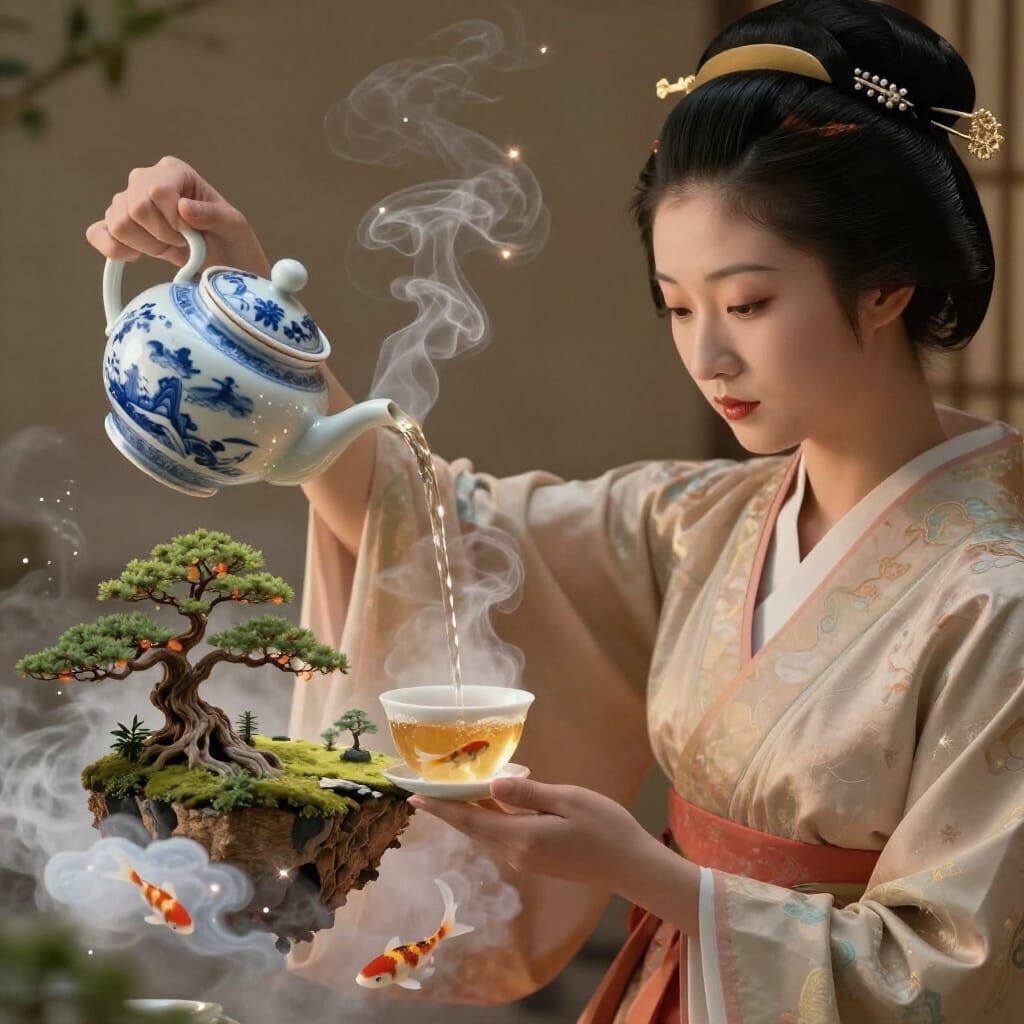 Geisha Pours Magical Tea Creating Miniature World