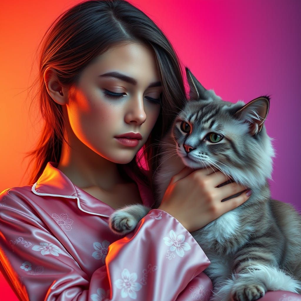 Gentle Moment of a Teenage Woman and Her Cat in Soft Pink Pa...