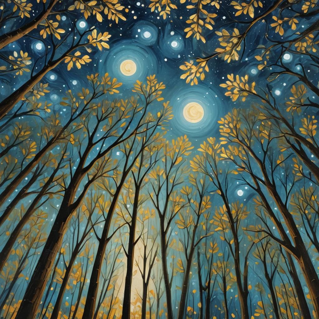 Celestial Forest View in Naive Folk Art Style