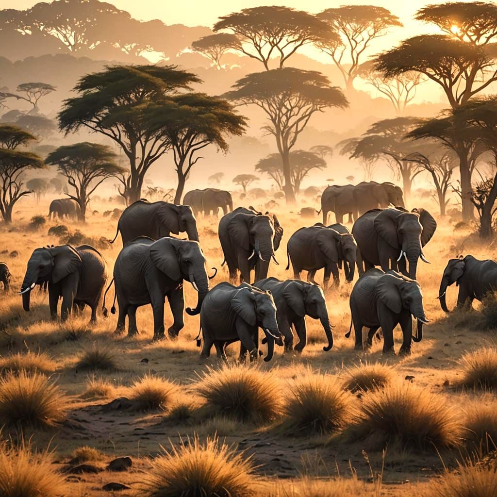 Elephants at Sunrise in African Savannah