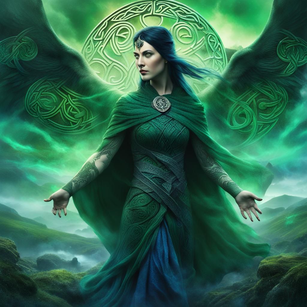 Morrigan in Mystical Irish Landscape, Fantasy Art