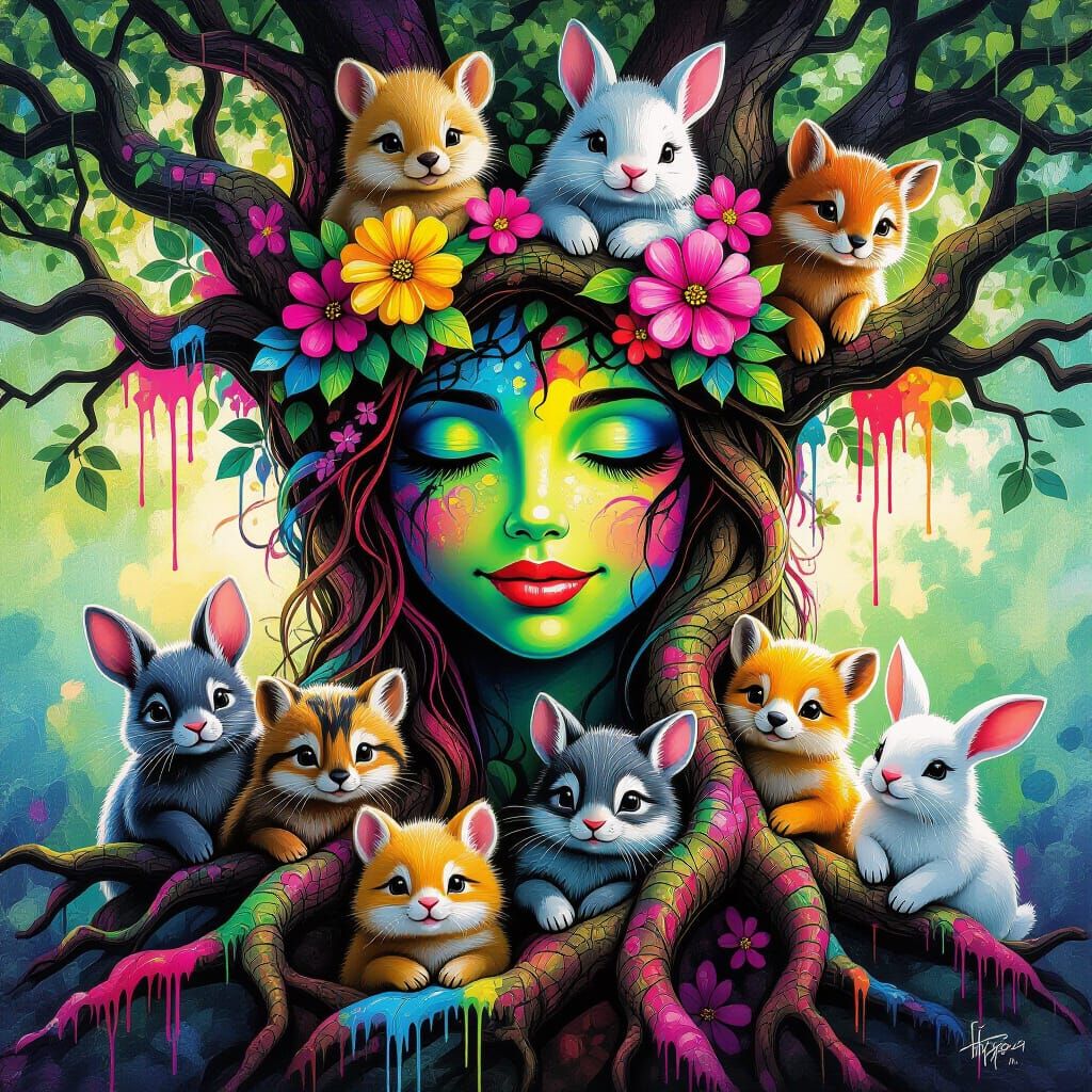 Mother Nature with Animals in Graffiti Art Style