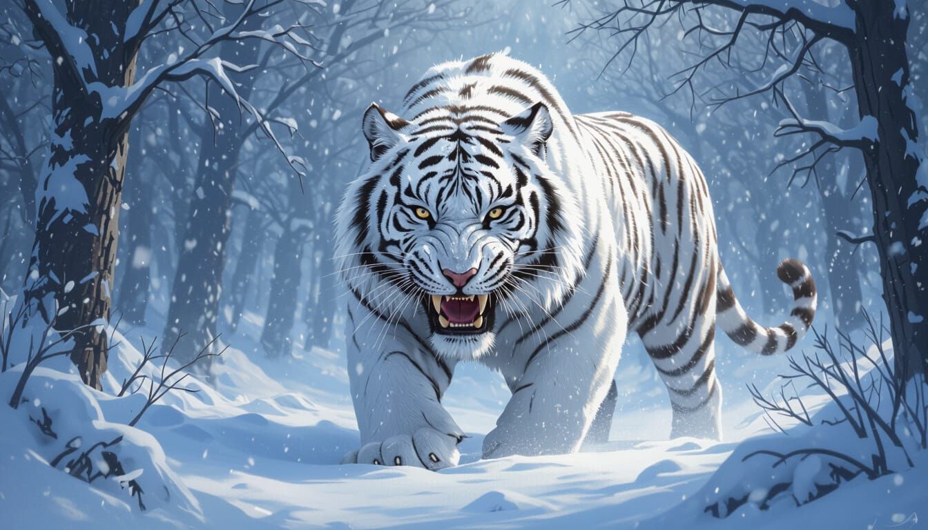 Enormous White Tiger Stalks Prey in Snowy Forest