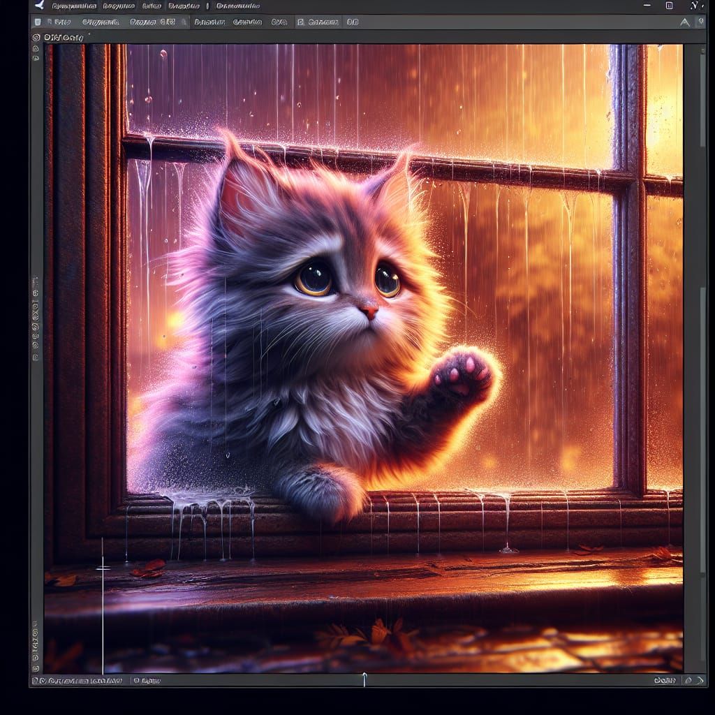 Sad Kitten Longing at Rainy Window: Digital Concept Art