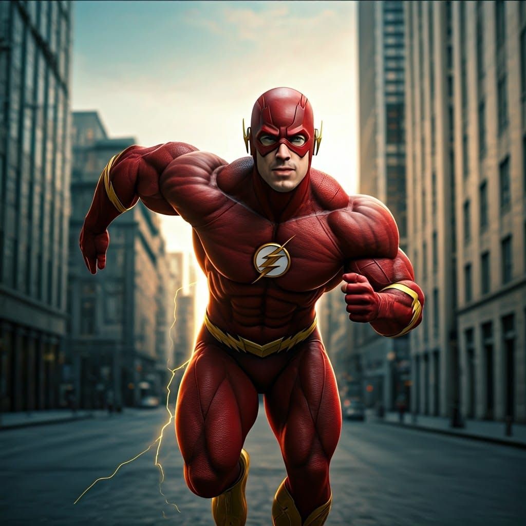 The Flash Runs Through City Streets in Hyperrealistic Style