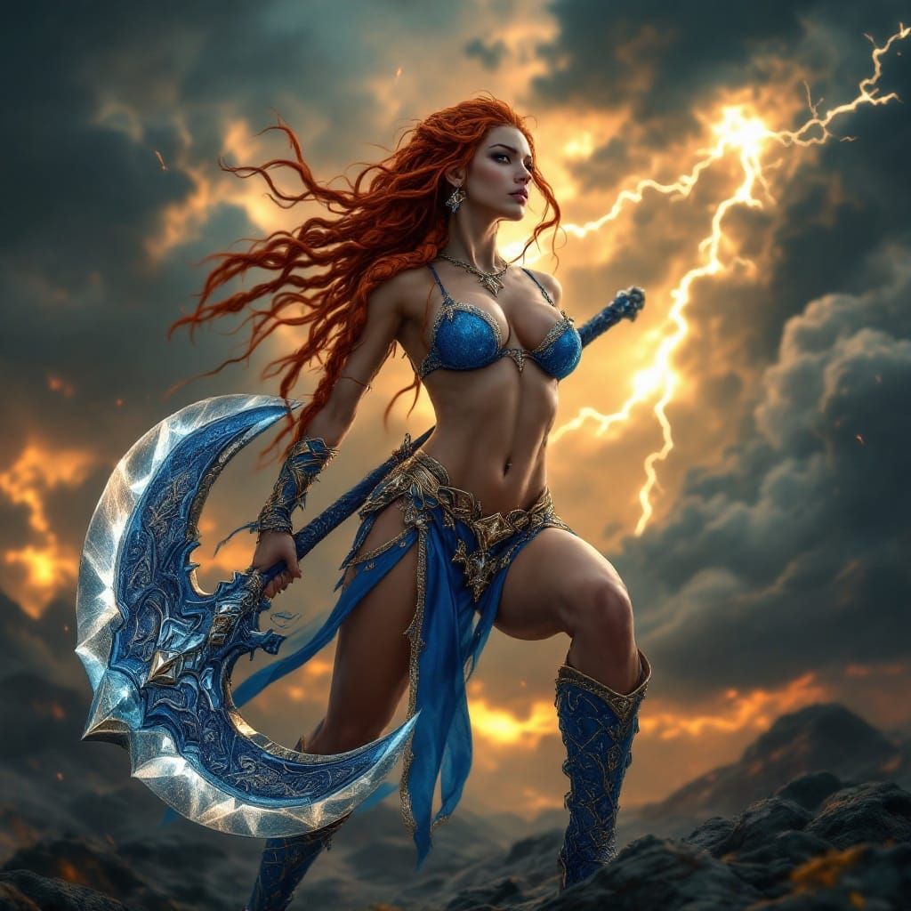 Majestic Female Warrior in Rococo-Blue Bikini Armor, Wieldin...