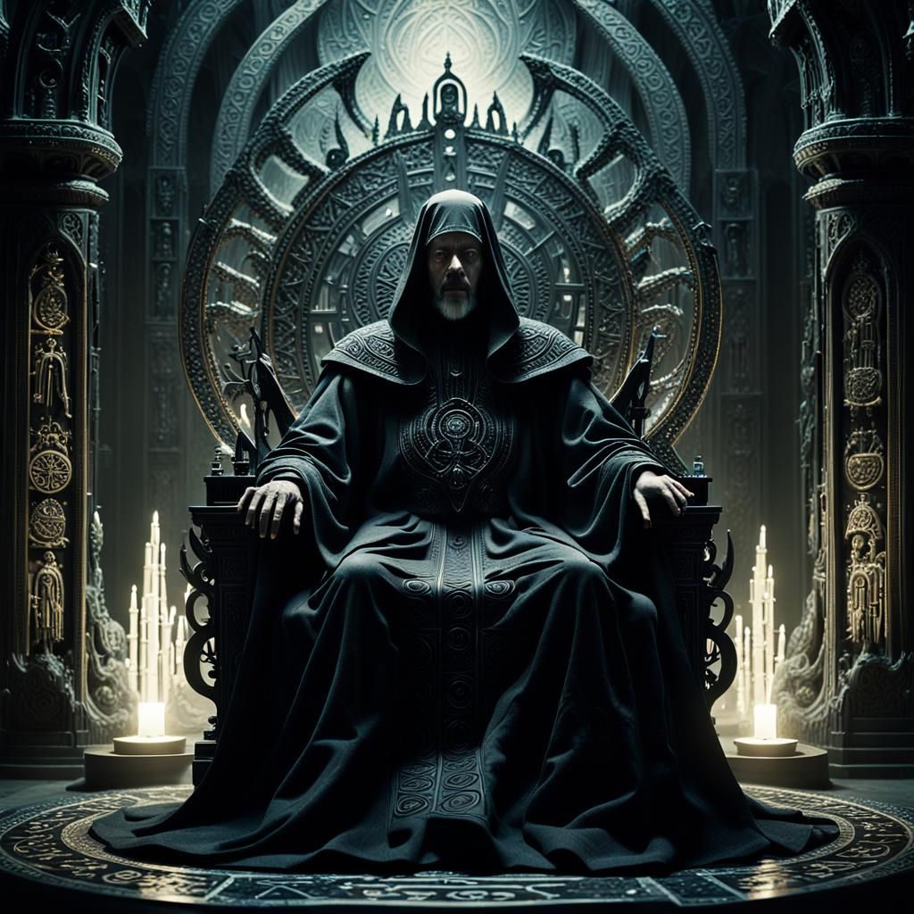 Mystical Figure on Throne with Abstract Symbols