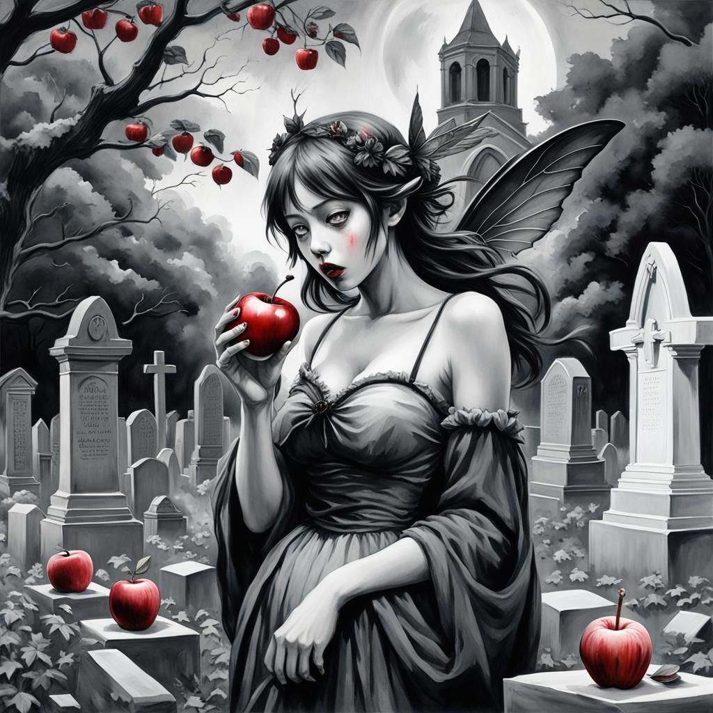 Zombie Fairy with Red Apple, Watercolor Dark Fantasy