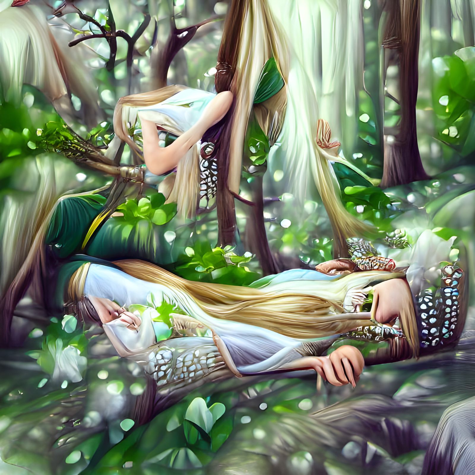 Sleeping Elf Princess in Forest Illustration