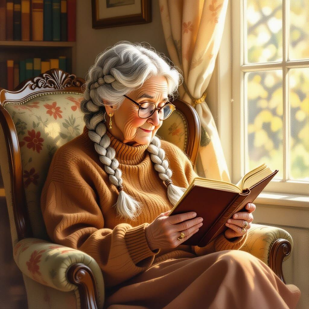 Nostalgic Grandmother Reading Book, Watercolor Art