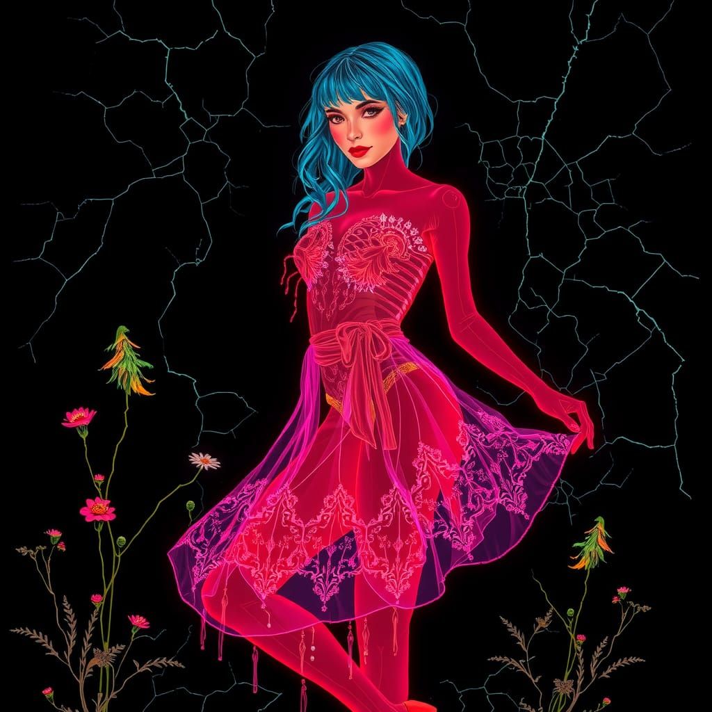 Intricate Textile Art: Lace, Plants, and Disfigured Portrait