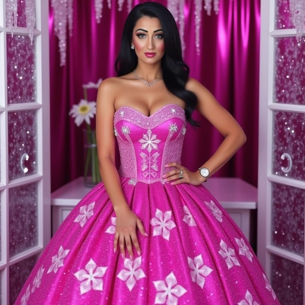Elegant Winter Goddess in Fuchsia Gown with Icy Background