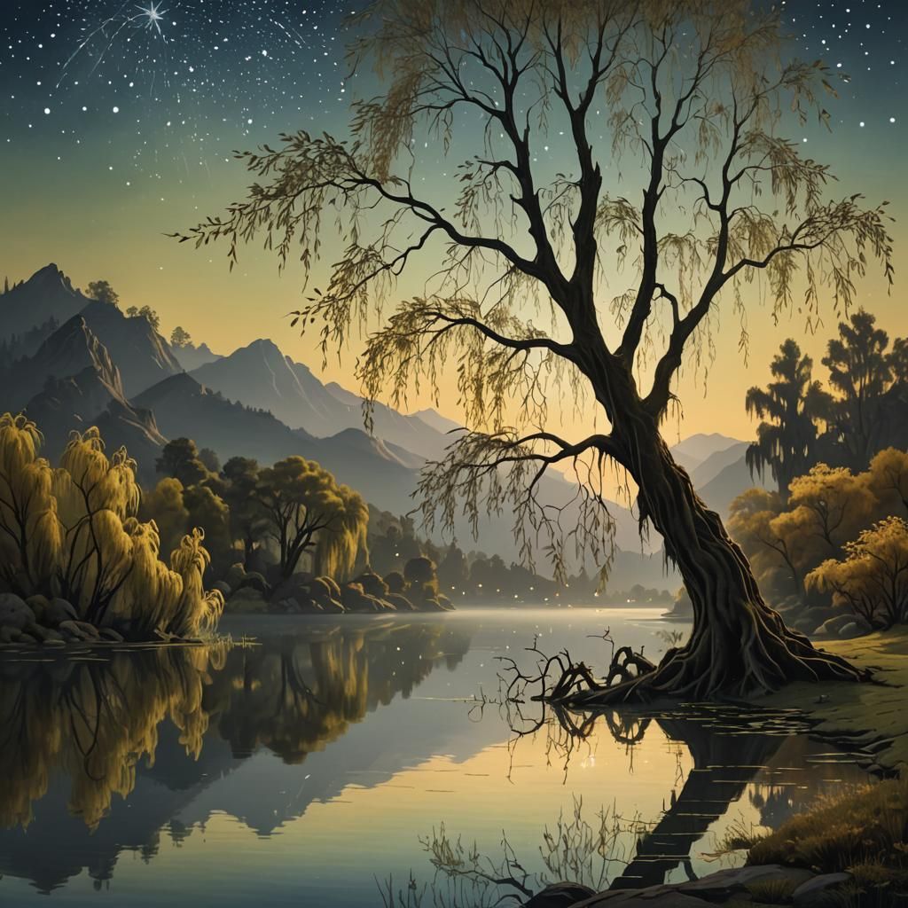 Mystical Lakescape with Weeping Willow in Hyperrealism