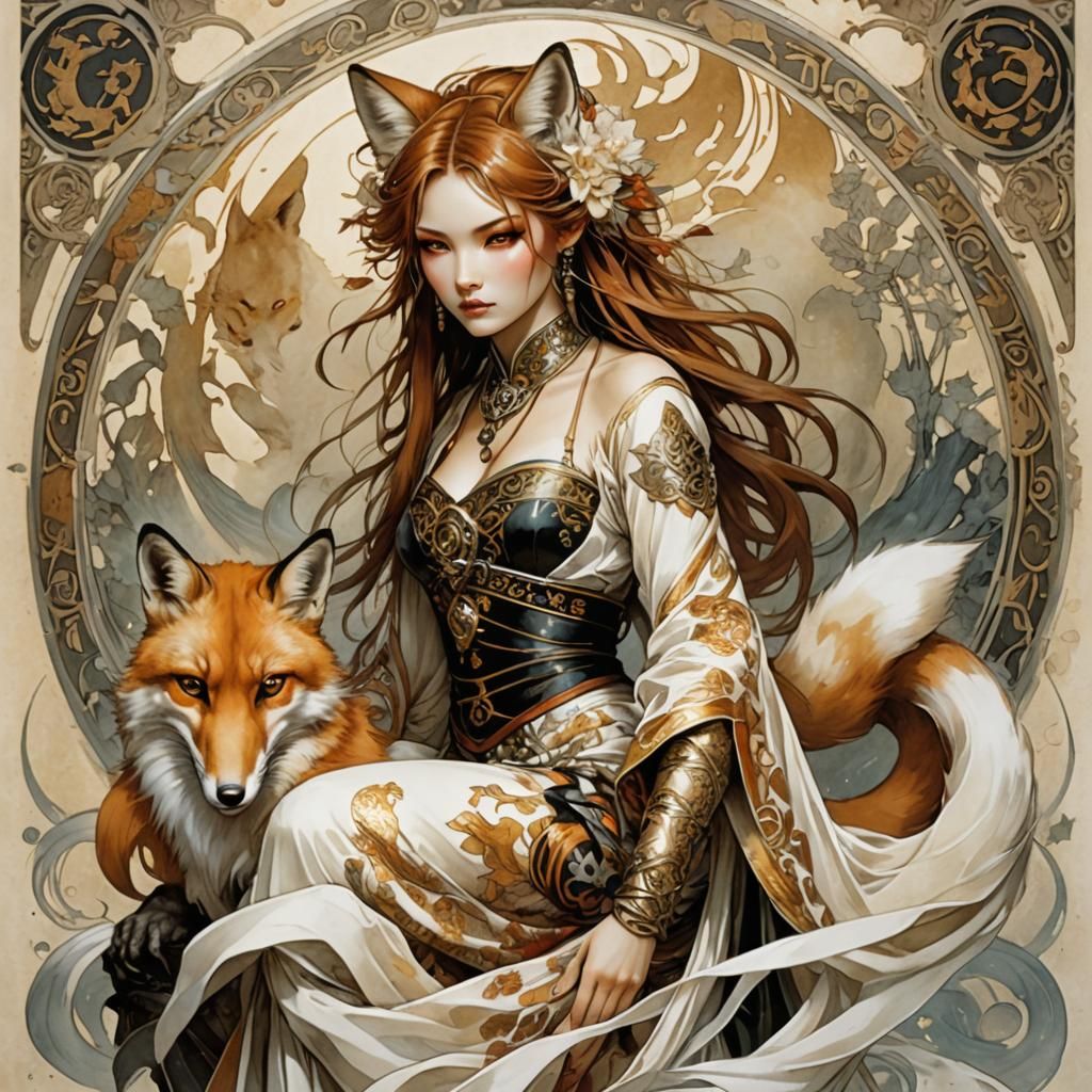 Elegant Kitsune Woman in Art Nouveau Style