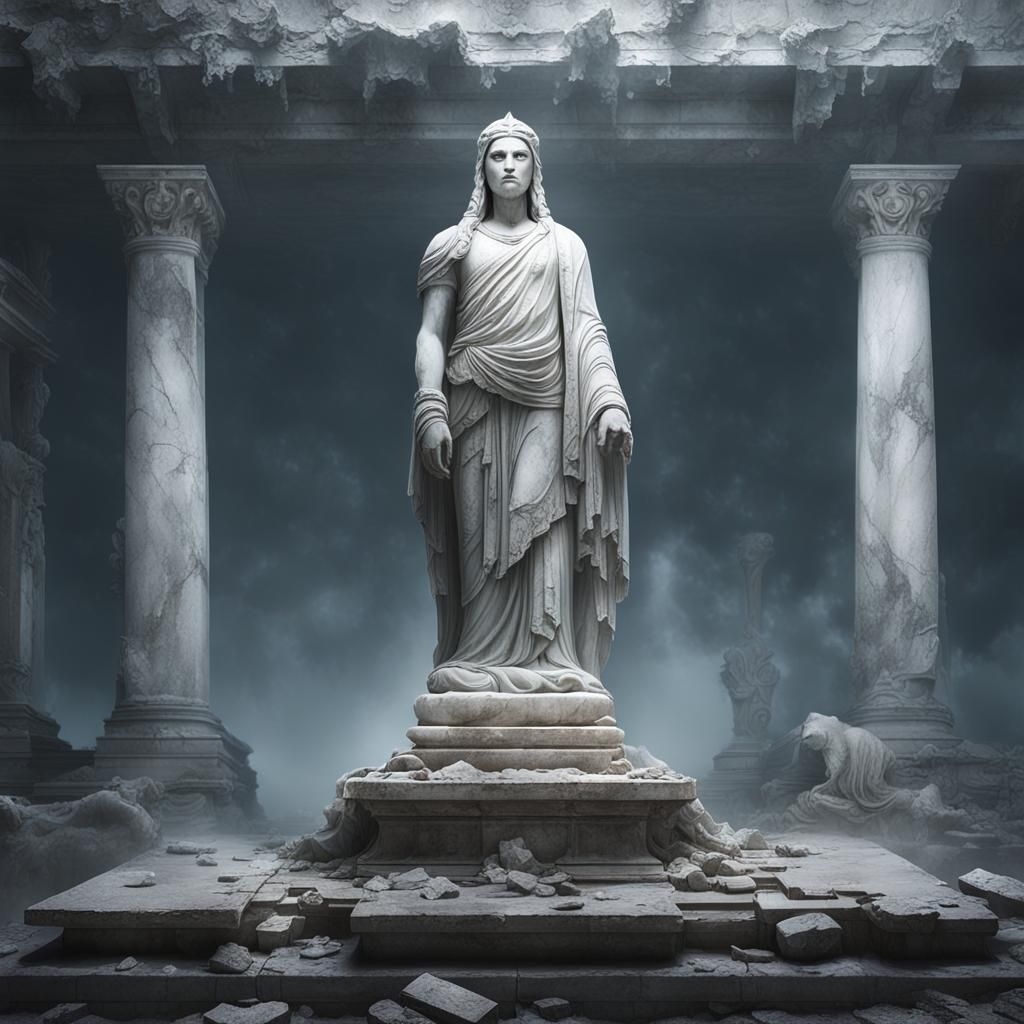 Statue in Crumbling Temple Amidst Night Fog