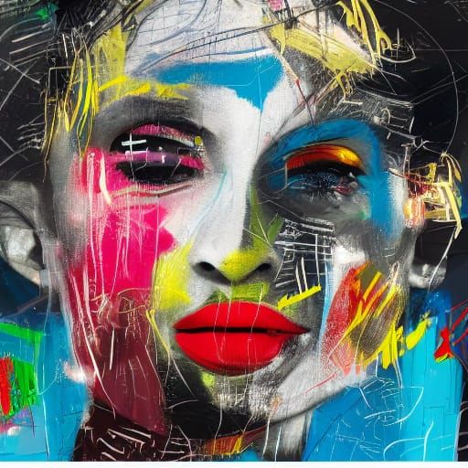 Basquiat-Inspired Neo-Expressionist Portrait of Woman