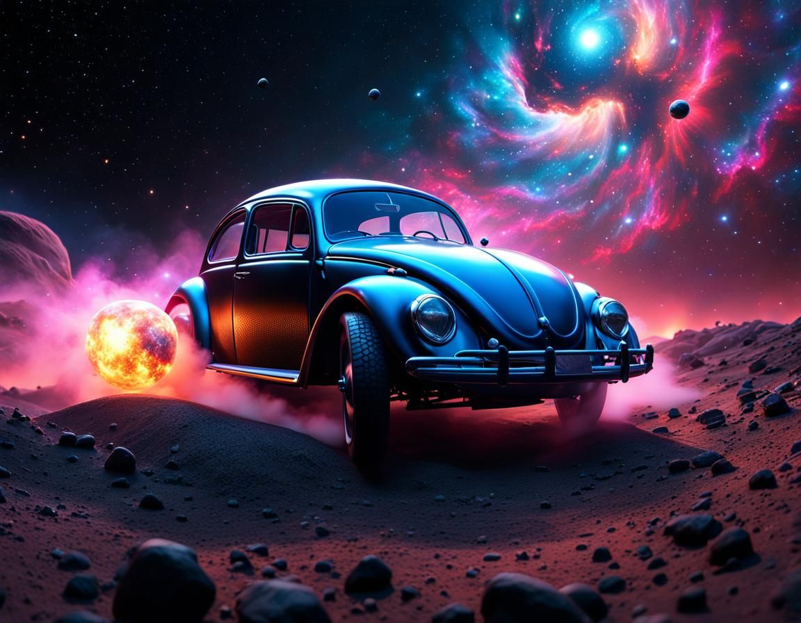 Hyperrealistic Beetle Flies Through Space Nebula