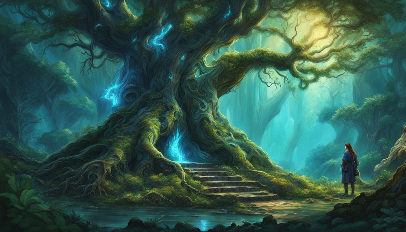 Ancient Bioluminescent Tree with Spirit in Mystical Forest