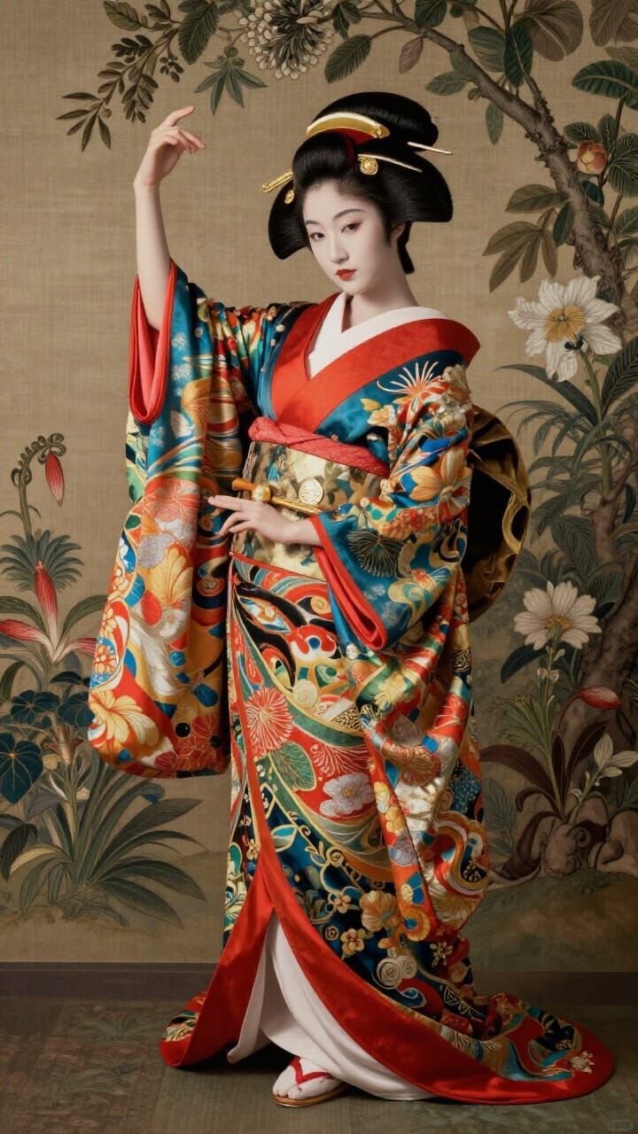 Elegant Geisha in Hyperrealistic, Vibrant Attire