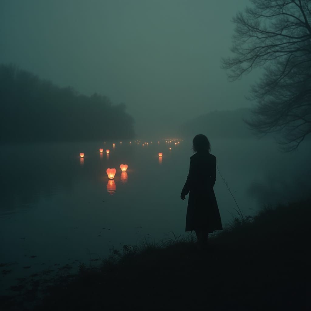 Cinematic Silhouette by Dark Lake with Drifting Lanterns
