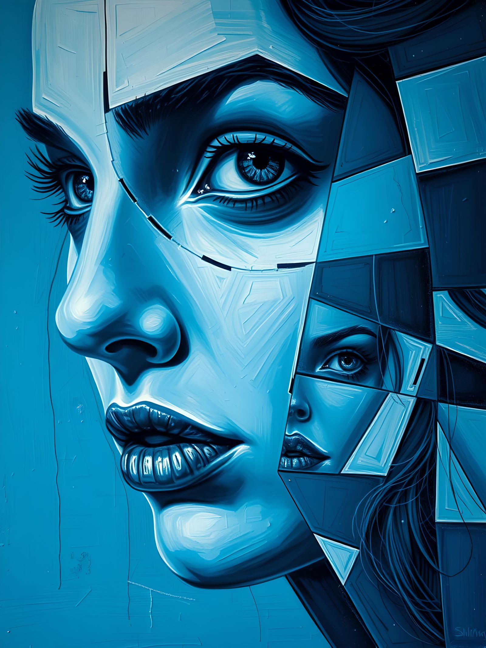 Abstract Cubist Woman's Face in Blue Shades