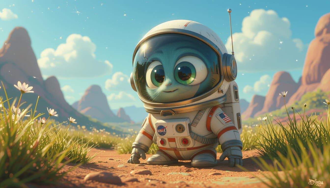 Cute Eyeball Astronaut in Lush Alien Landscape