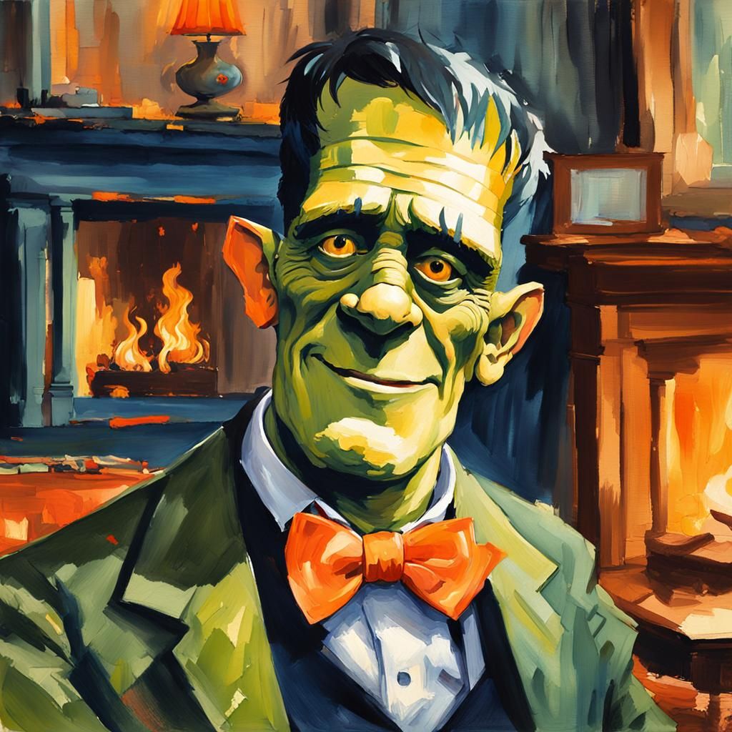 Funny Frankenstein Portrait in Gouache Watercolor Style