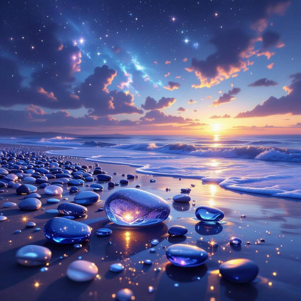 Ethereal Glass Pebble Beach at Twilight with Cosmic Sky