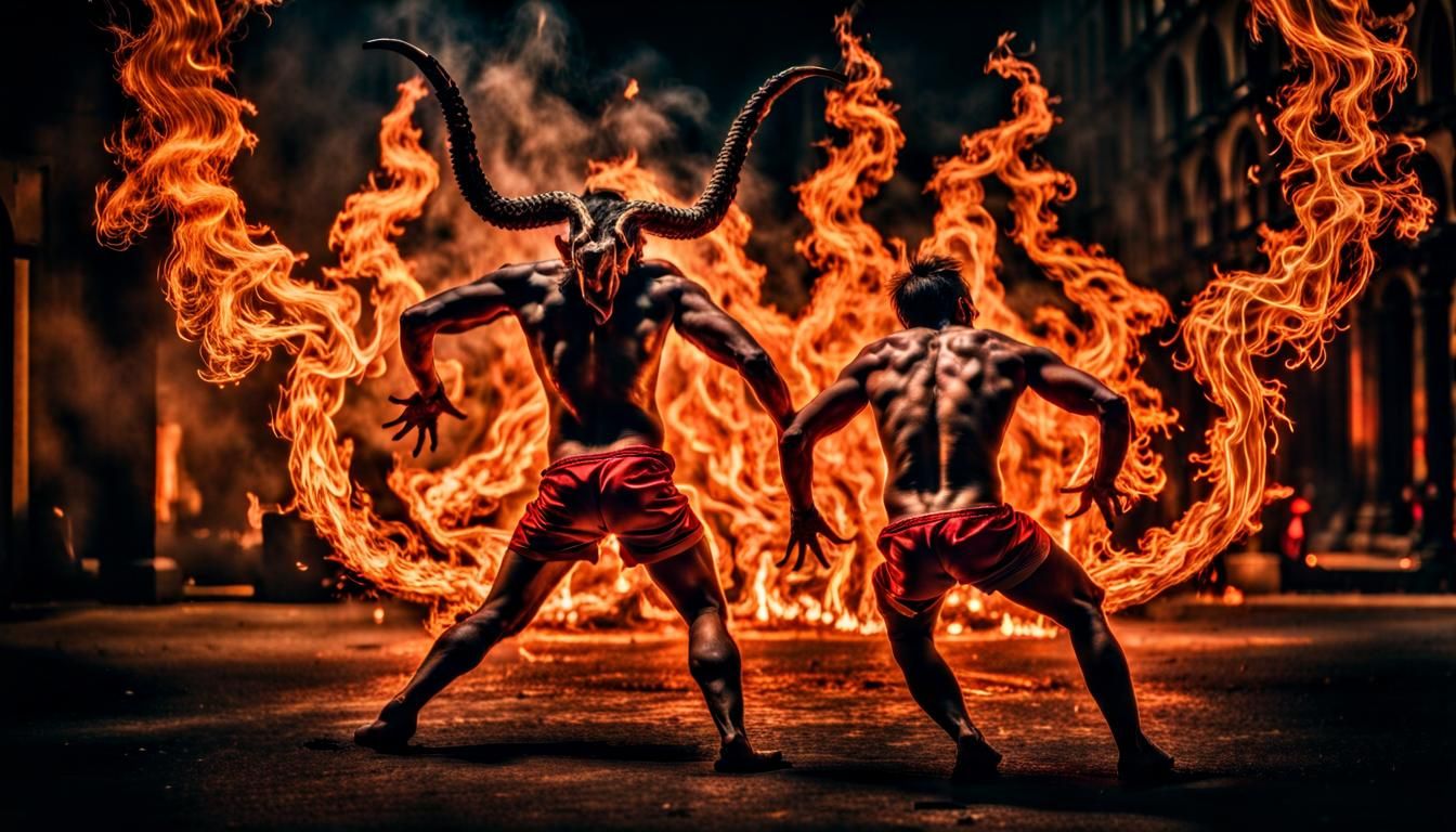 Hyperrealistic Devil Dancing Atop People in Flames