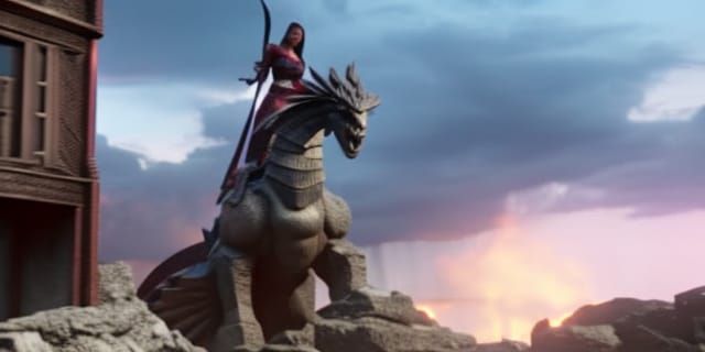 Female Warrior on Dragon in Ruined City