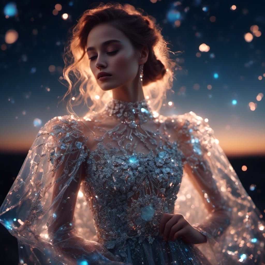 Woman in Glass Dress Portrait with Night Sky